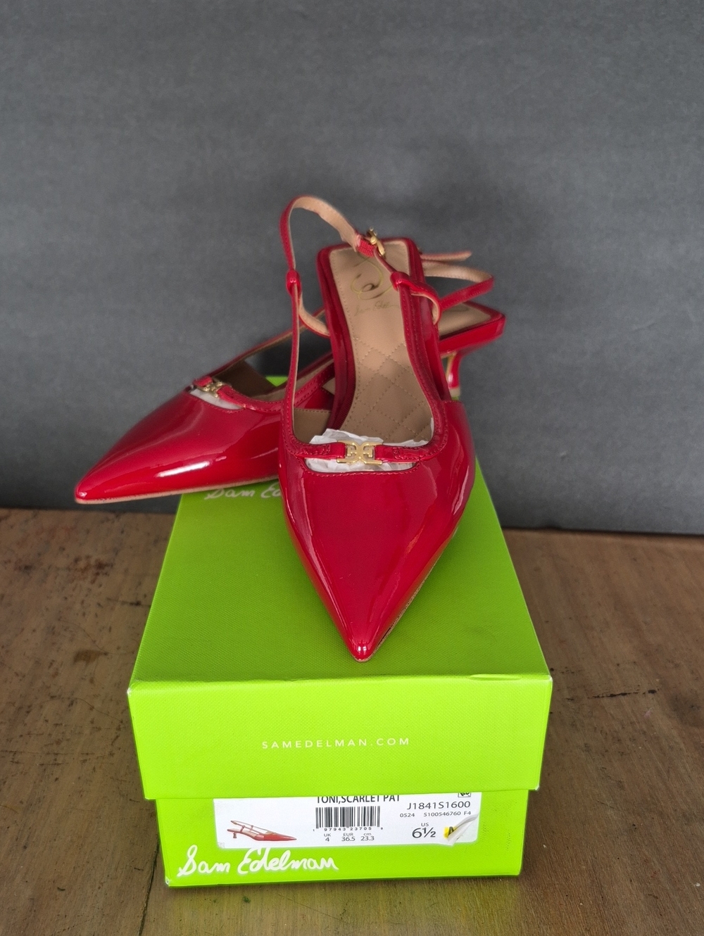 Sam Edelman Red Patent Pointed Slingback Pumps with Gold Accent